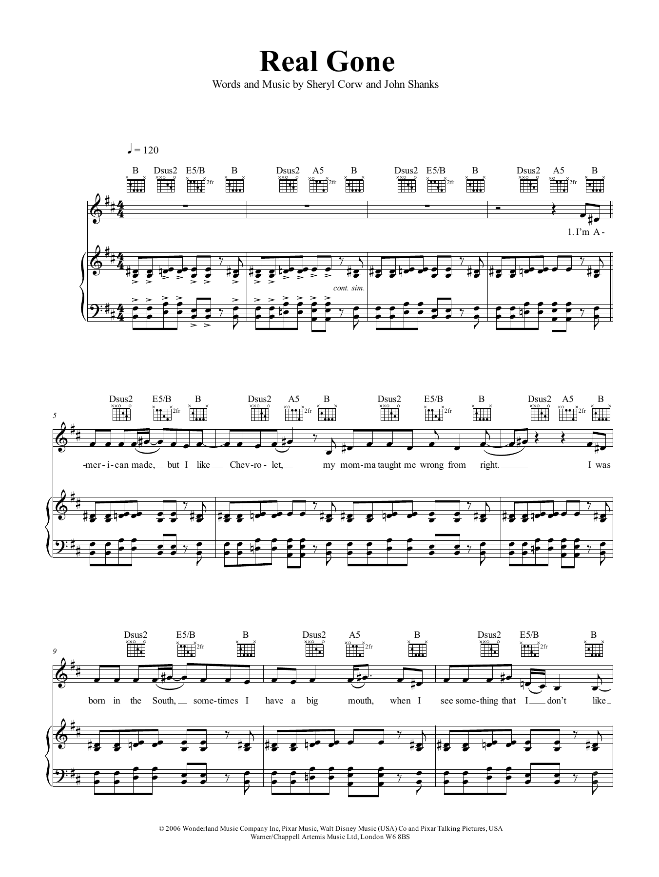 Sheryl Crow Real Gone (from Cars) Sheet Music Notes & Chords for Piano, Vocal & Guitar (Right-Hand Melody) - Download or Print PDF