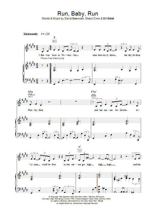 Sheryl Crow Run, Baby, Run Sheet Music Notes & Chords for Piano, Vocal & Guitar (Right-Hand Melody) - Download or Print PDF