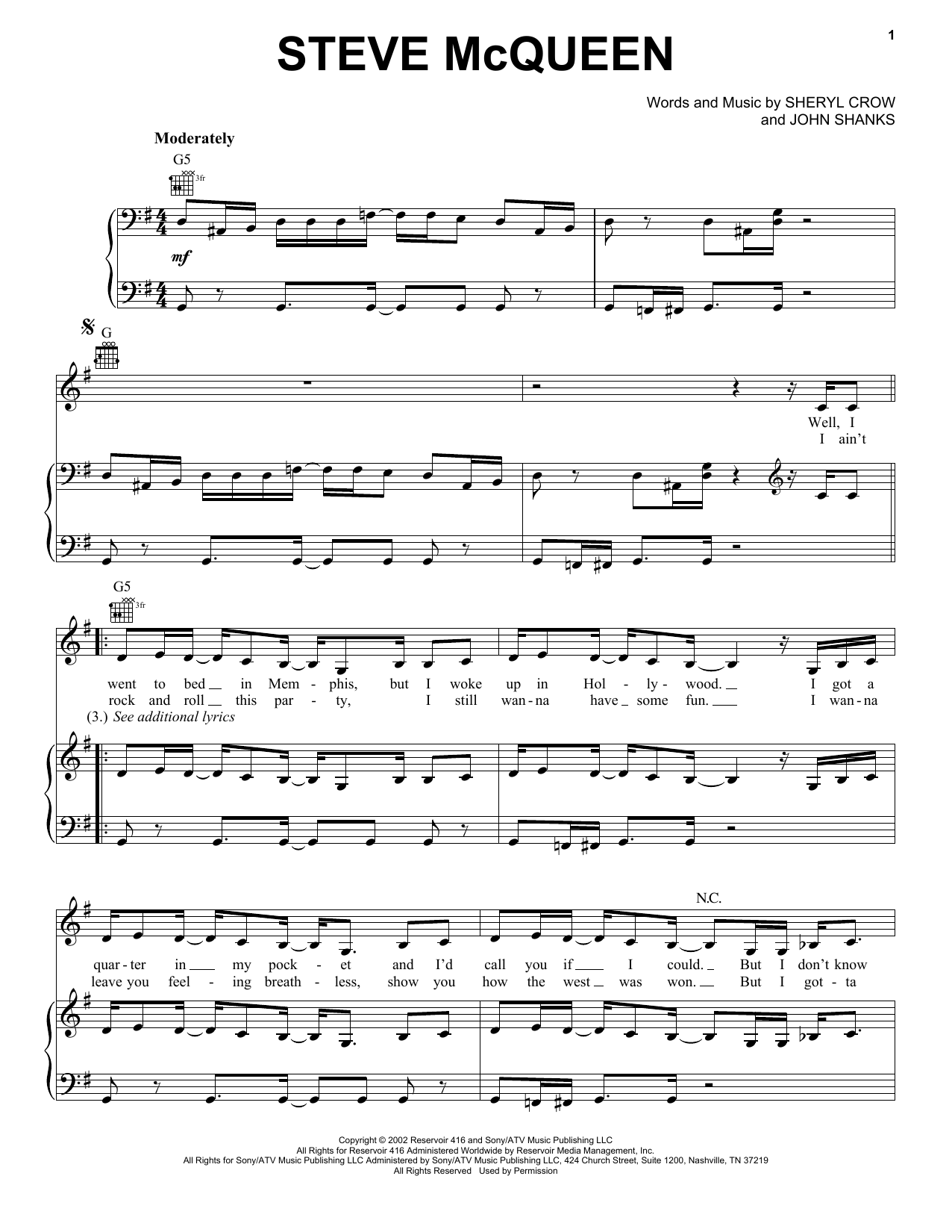 Sheryl Crow Steve McQueen Sheet Music Notes & Chords for Piano, Vocal & Guitar (Right-Hand Melody) - Download or Print PDF