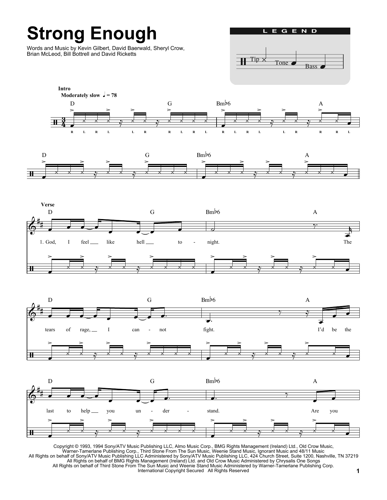 Sheryl Crow Strong Enough Sheet Music Notes & Chords for Drums Transcription - Download or Print PDF