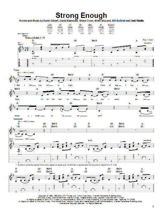 Sheryl Crow Strong Enough Sheet Music Notes & Chords for Easy Guitar Tab - Download or Print PDF
