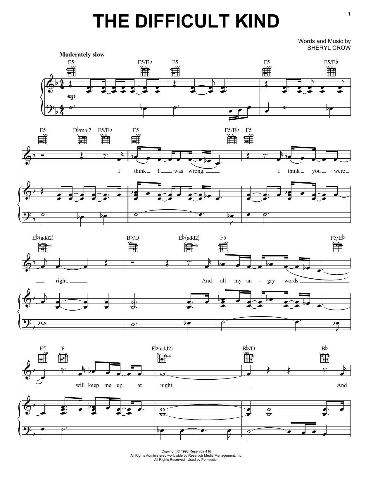 Sheryl Crow The Difficult Kind Sheet Music Notes & Chords for Piano, Vocal & Guitar (Right-Hand Melody) - Download or Print PDF