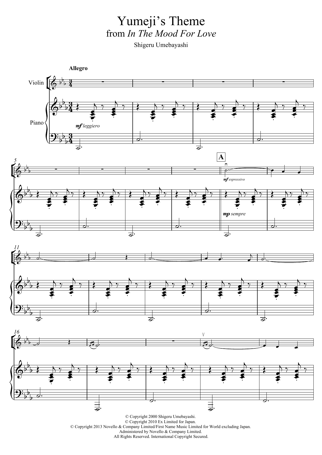 Shigeru Umebayashi Yumeji's Theme (from 'In The Mood For Love') Sheet Music Notes & Chords for Violin - Download or Print PDF
