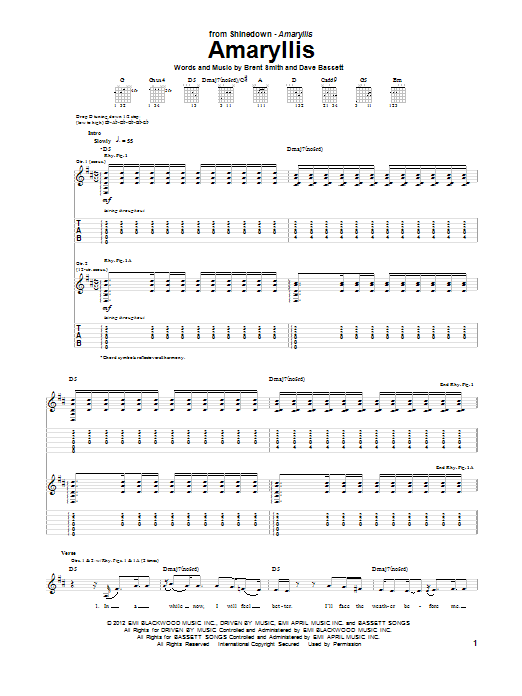 Shinedown Amaryllis Sheet Music Notes & Chords for Guitar Tab - Download or Print PDF
