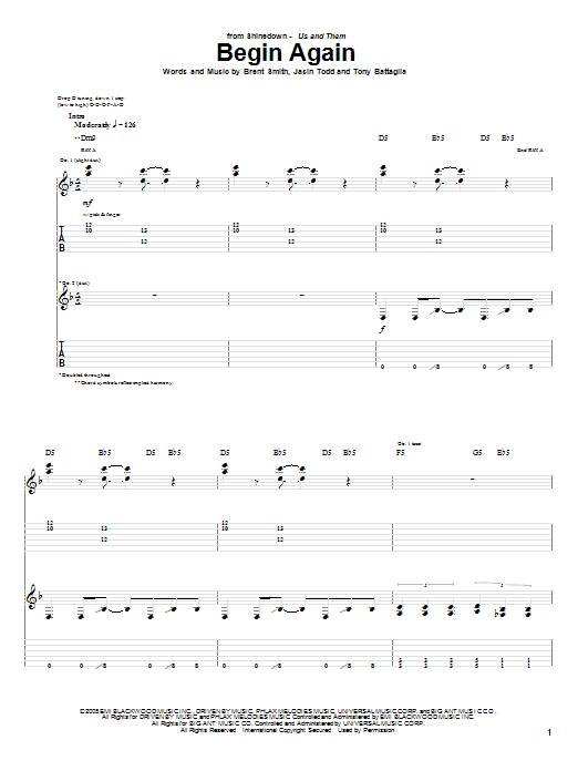 Shinedown Begin Again Sheet Music Notes & Chords for Guitar Tab - Download or Print PDF