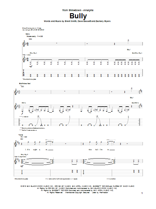 Shinedown Bully Sheet Music Notes & Chords for Guitar Tab - Download or Print PDF