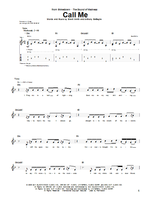 Shinedown Call Me Sheet Music Notes & Chords for Guitar Tab - Download or Print PDF