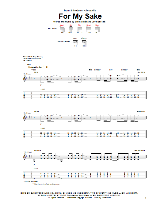 Shinedown For My Sake Sheet Music Notes & Chords for Guitar Tab - Download or Print PDF