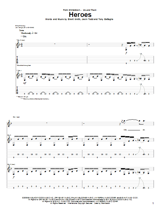 Shinedown Heroes Sheet Music Notes & Chords for Guitar Tab - Download or Print PDF