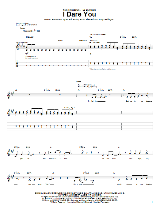 Shinedown I Dare You Sheet Music Notes & Chords for Guitar Tab - Download or Print PDF