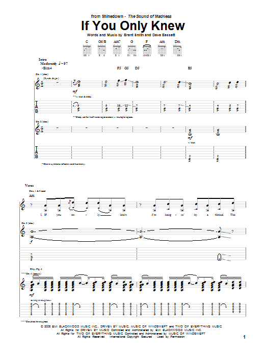 Shinedown If You Only Knew Sheet Music Notes & Chords for Easy Guitar Tab - Download or Print PDF