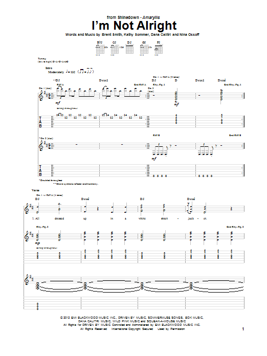 Shinedown I'm Not Alright Sheet Music Notes & Chords for Guitar Tab - Download or Print PDF