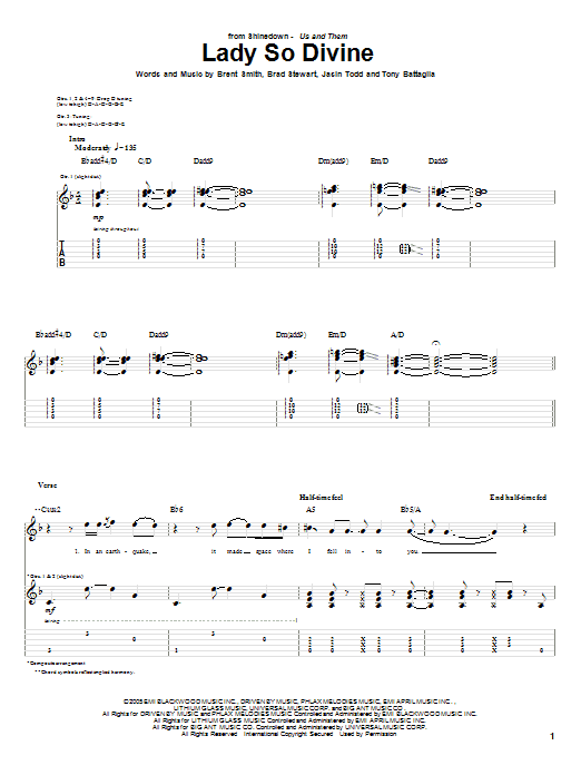 Shinedown Lady So Devine Sheet Music Notes & Chords for Guitar Tab - Download or Print PDF