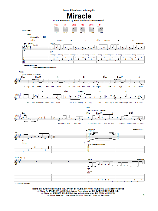 Shinedown Miracle Sheet Music Notes & Chords for Guitar Tab - Download or Print PDF