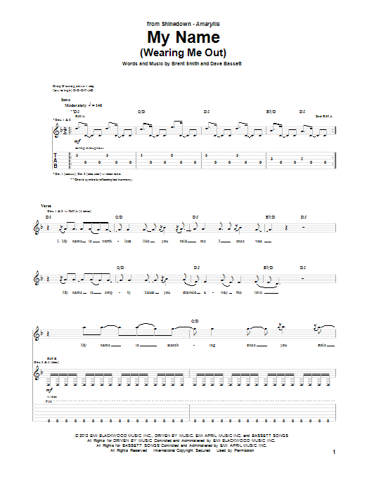 Shinedown My Name (Wearing Me Out) Sheet Music Notes & Chords for Guitar Tab - Download or Print PDF