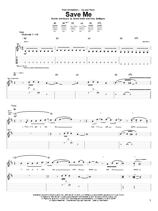 Shinedown Save Me Sheet Music Notes & Chords for Guitar Tab - Download or Print PDF