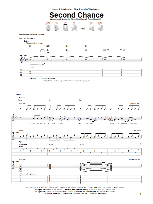 Shinedown Second Chance Sheet Music Notes & Chords for Guitar Tab - Download or Print PDF