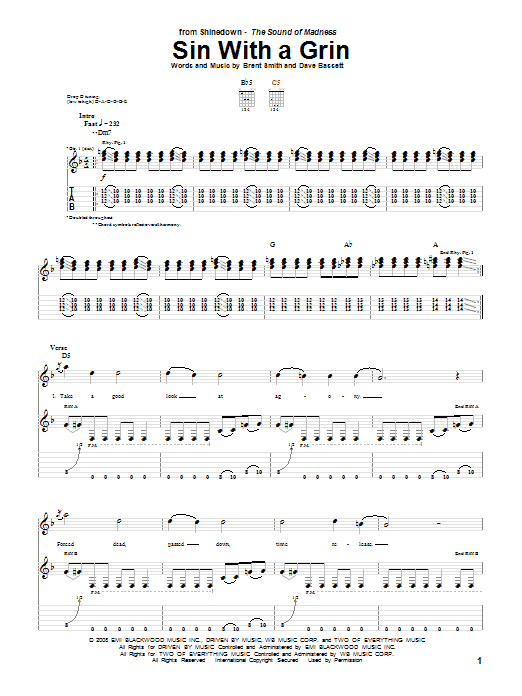 Shinedown Sin With A Grin Sheet Music Notes & Chords for Guitar Tab - Download or Print PDF