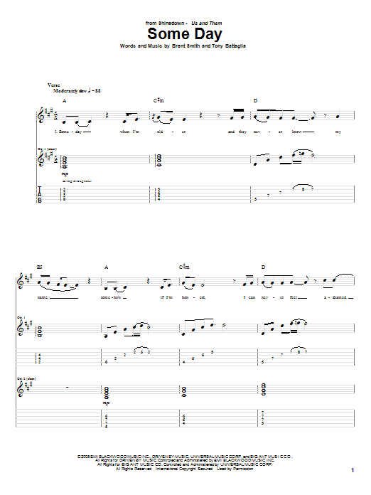 Shinedown Some Day Sheet Music Notes & Chords for Guitar Tab - Download or Print PDF