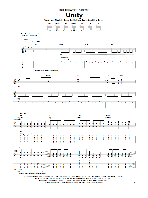 Shinedown Unity Sheet Music Notes & Chords for Guitar Tab - Download or Print PDF
