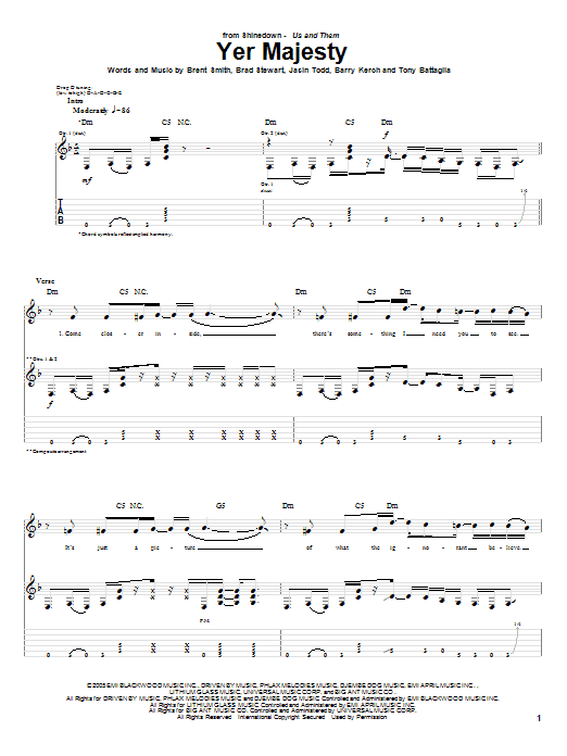 Shinedown Yer Majesty Sheet Music Notes & Chords for Guitar Tab - Download or Print PDF