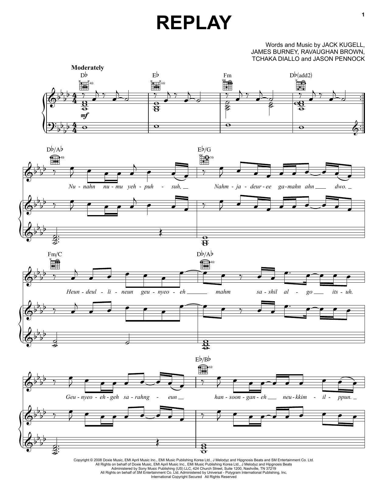 SHINee Replay Sheet Music Notes & Chords for Piano, Vocal & Guitar Chords (Right-Hand Melody) - Download or Print PDF