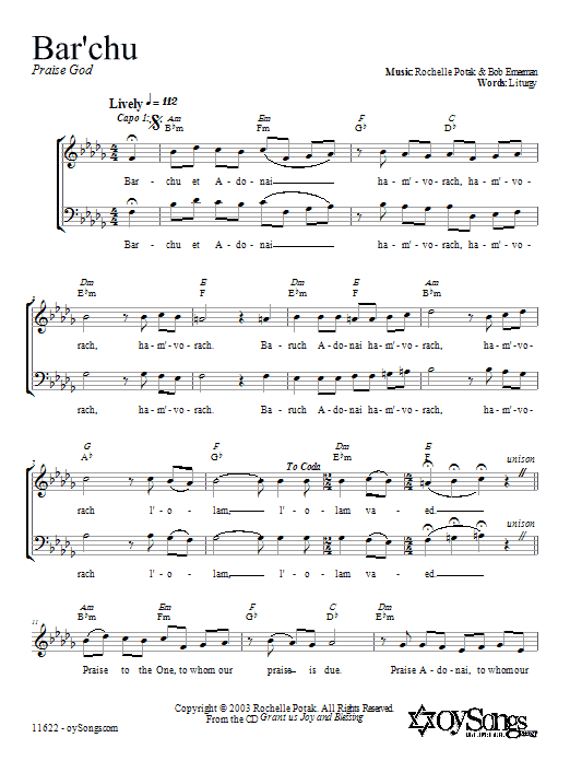 Shir Harmony Bar'chu Sheet Music Notes & Chords for Melody Line, Lyrics & Chords - Download or Print PDF
