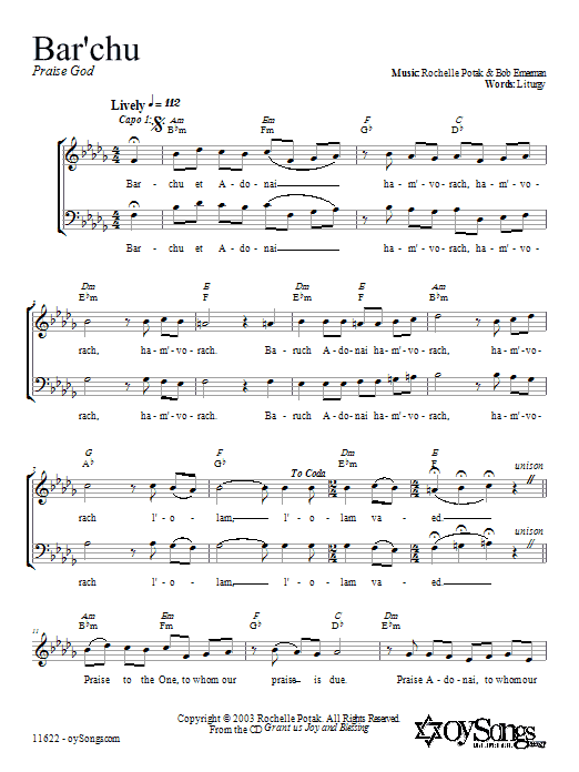 Shir Harmony Bar'chu Sheet Music Notes & Chords for 2-Part Choir - Download or Print PDF