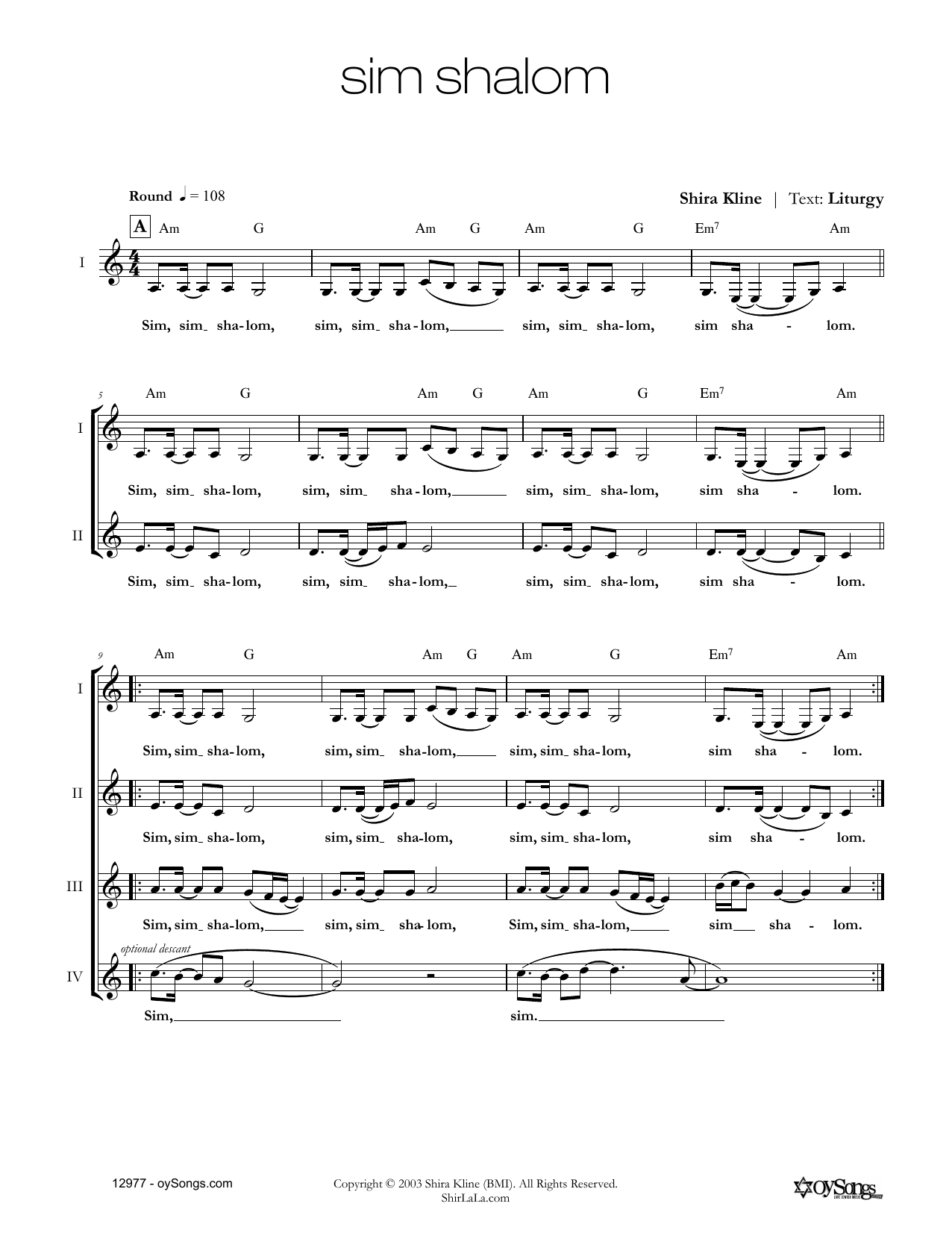 Shira Kline Sim Shalom Sheet Music Notes & Chords for Real Book – Melody, Lyrics & Chords - Download or Print PDF