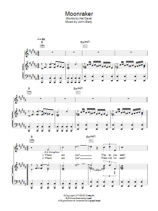 Shirley Bassey Moonraker Sheet Music Notes & Chords for Piano, Vocal & Guitar (Right-Hand Melody) - Download or Print PDF