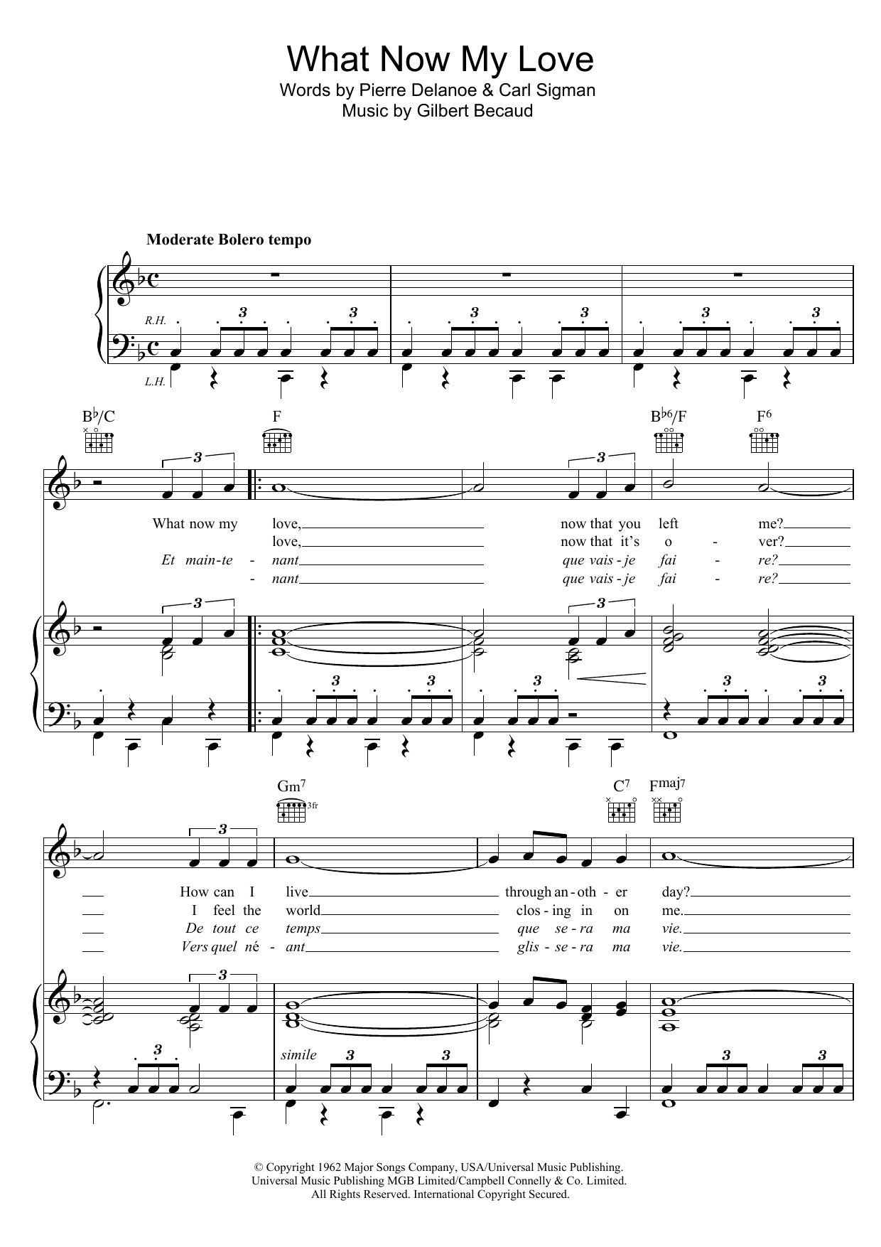 Shirley Bassey What Now My Love Sheet Music Notes & Chords for Piano, Vocal & Guitar (Right-Hand Melody) - Download or Print PDF