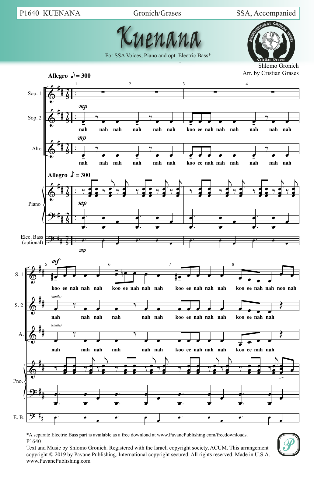 Shlomo Gronich Kuenana (arr. Cristian Grases) Sheet Music Notes & Chords for SSA Choir - Download or Print PDF