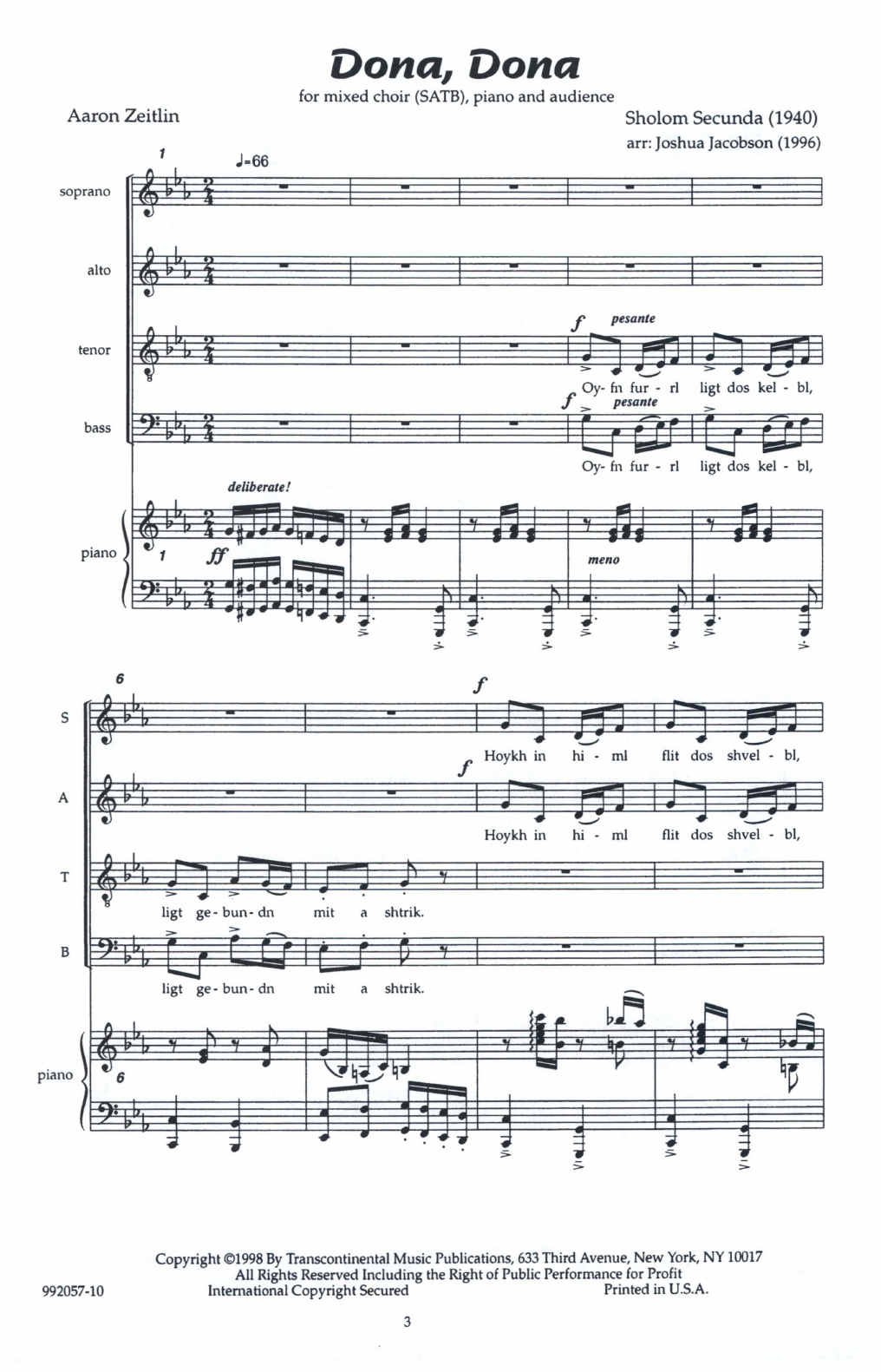 Sholom Secunda Dona, Dona (arr. Joshua Jacobson) Sheet Music Notes & Chords for SATB Choir - Download or Print PDF