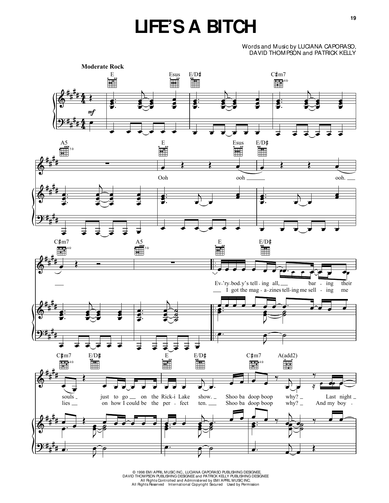 Shooter Life's A Bitch (from Dawson's Creek) Sheet Music Notes & Chords for Piano, Vocal & Guitar Chords (Right-Hand Melody) - Download or Print PDF