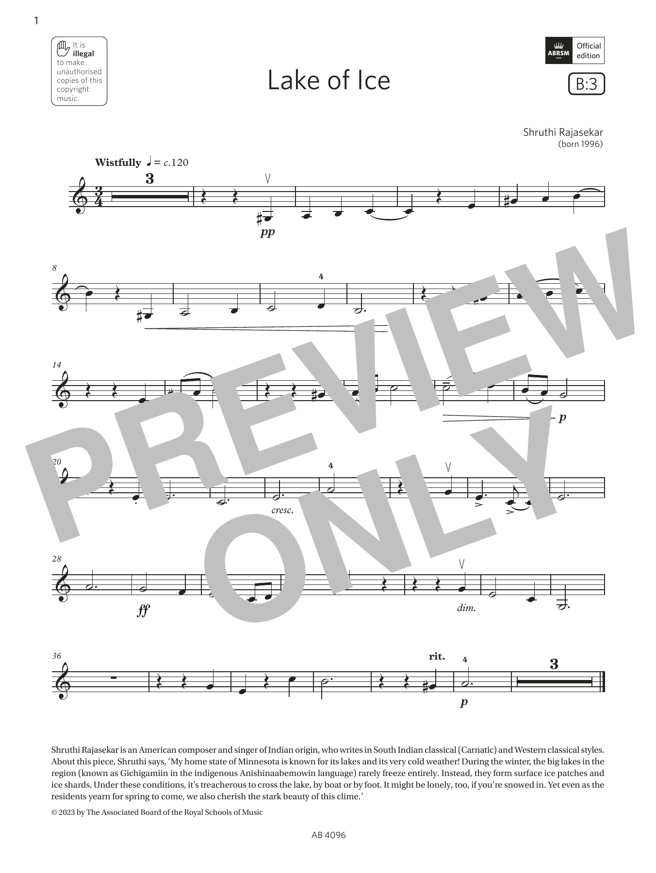 Shruthi Rajasekar Lake of Ice (Grade 2, B3, from the ABRSM Violin Syllabus from 2024) Sheet Music Notes & Chords for Violin Solo - Download or Print PDF Shruthi Rajasekar Lake of Ice (Grade 2, B3, from the ABRSM Violin Syllabus from 2024) Sheet Music Notes & Chords for Violin Solo - Download or Print PDF