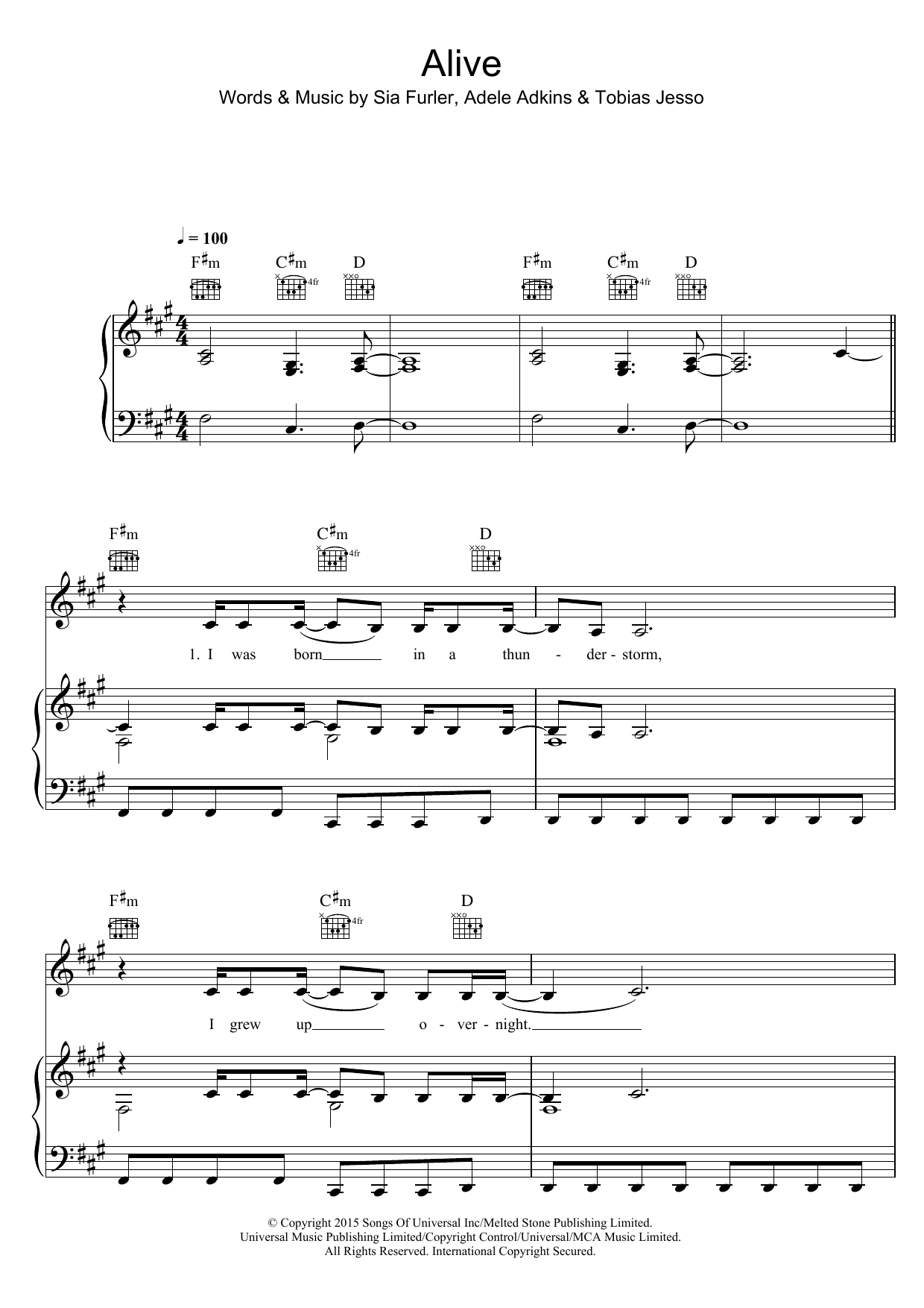 Sia Alive Sheet Music Notes & Chords for Piano, Vocal & Guitar (Right-Hand Melody) - Download or Print PDF