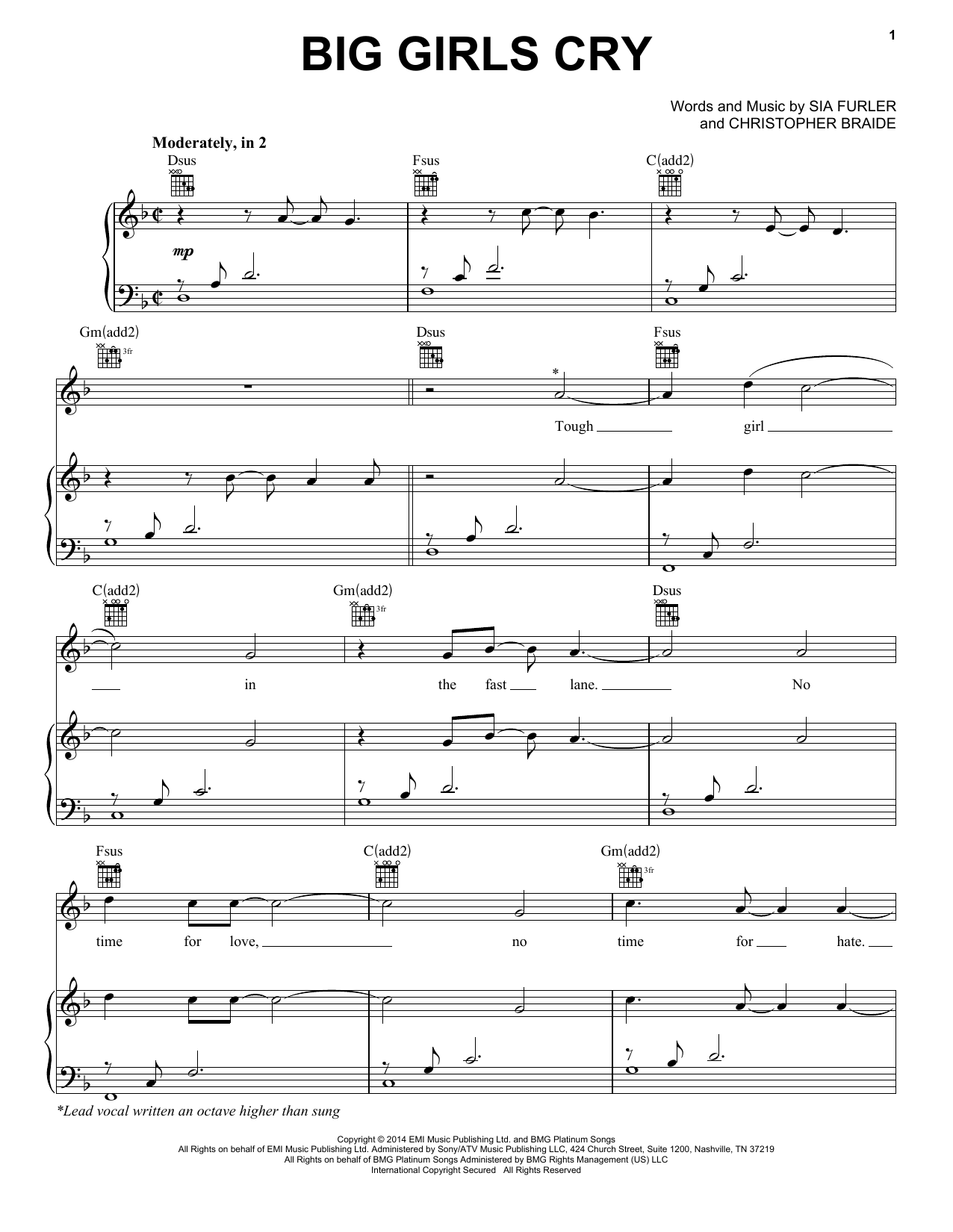 Sia Big Girls Cry Sheet Music Notes & Chords for Piano, Vocal & Guitar (Right-Hand Melody) - Download or Print PDF