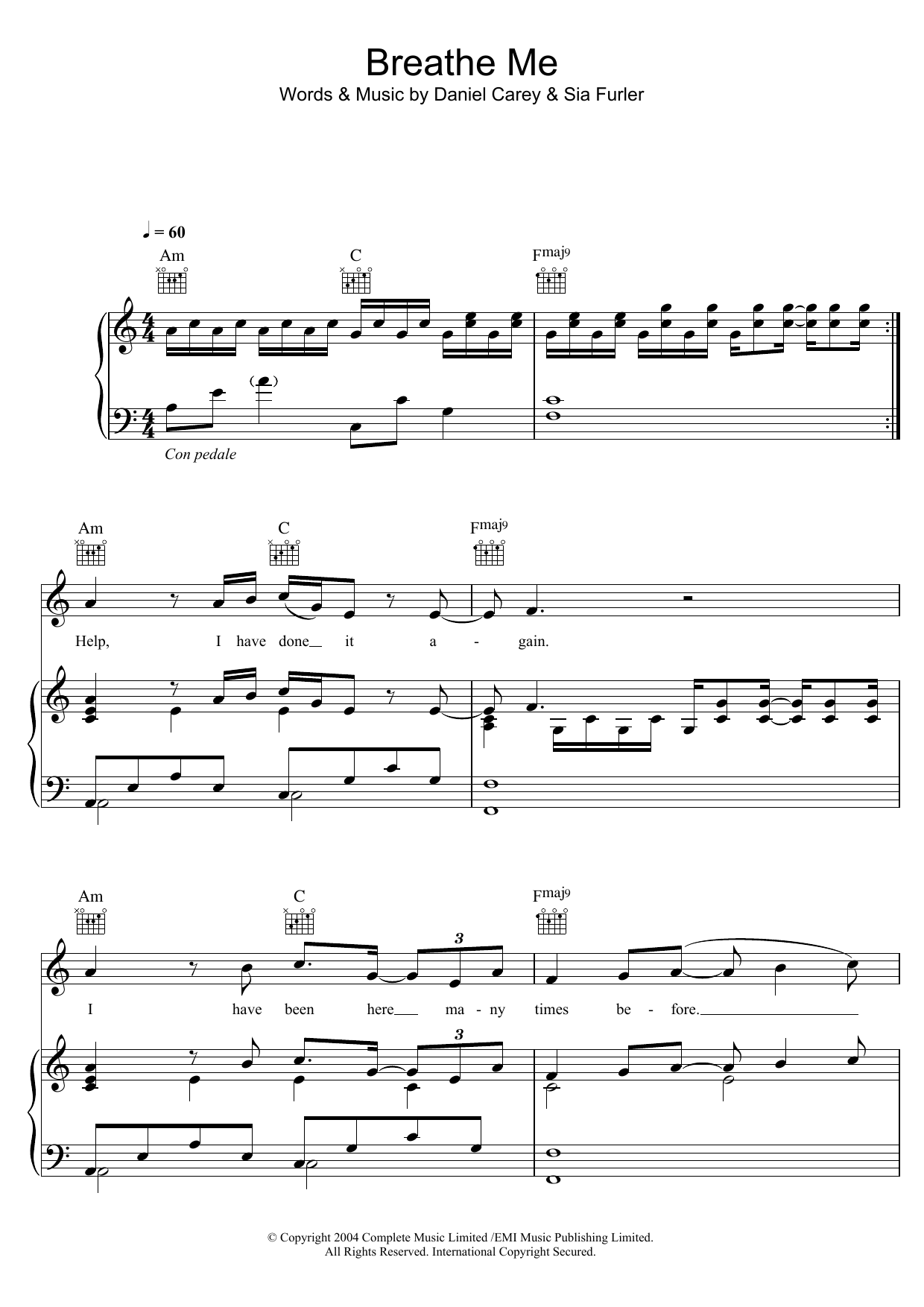 Sia Breathe Me Sheet Music Notes & Chords for Piano, Vocal & Guitar (Right-Hand Melody) - Download or Print PDF
