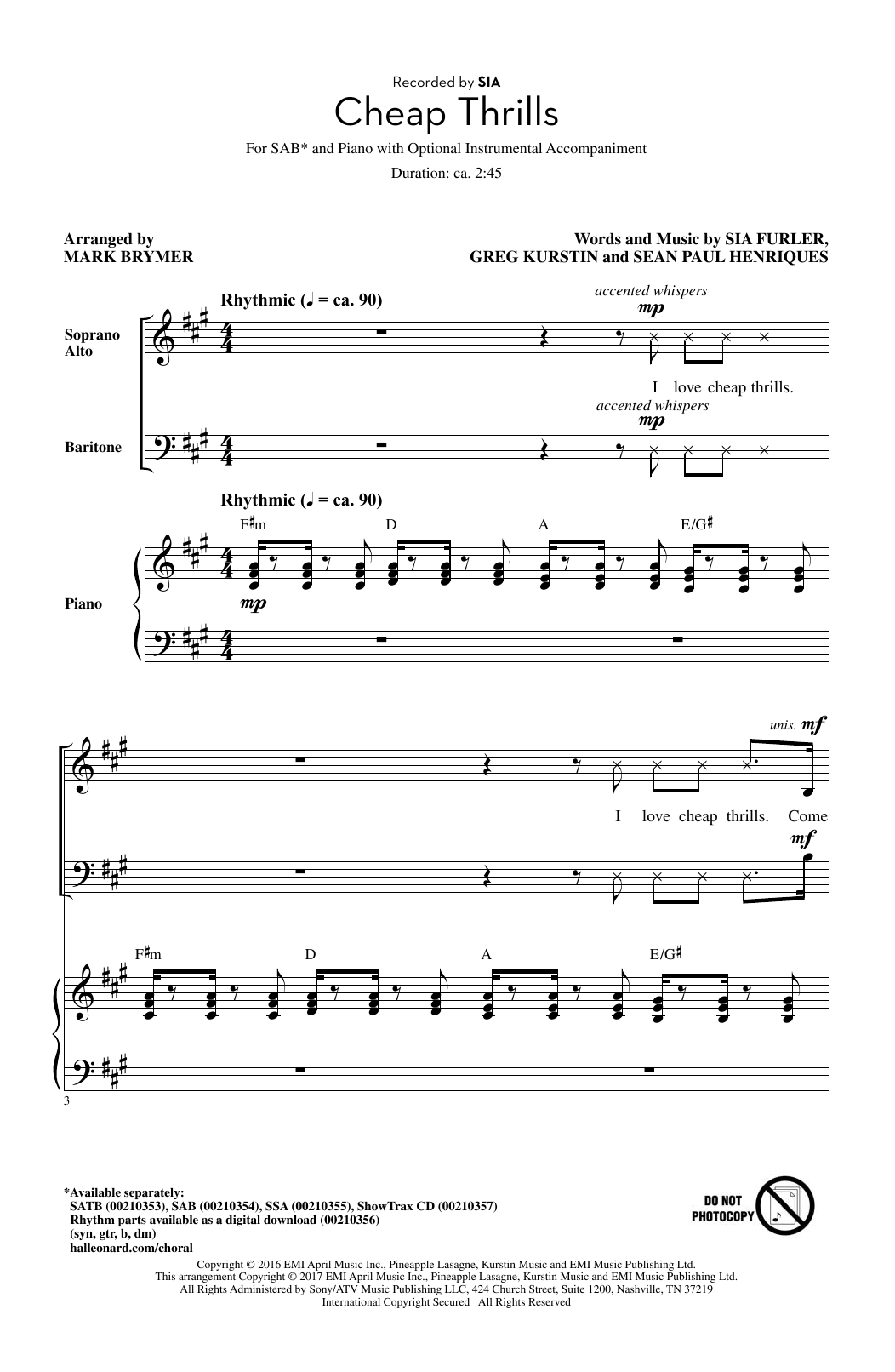 Sia Cheap Thrills (feat. Sean Paul) (Arr. Mark Brymer) Sheet Music Notes & Chords for SAB - Download or Print PDF