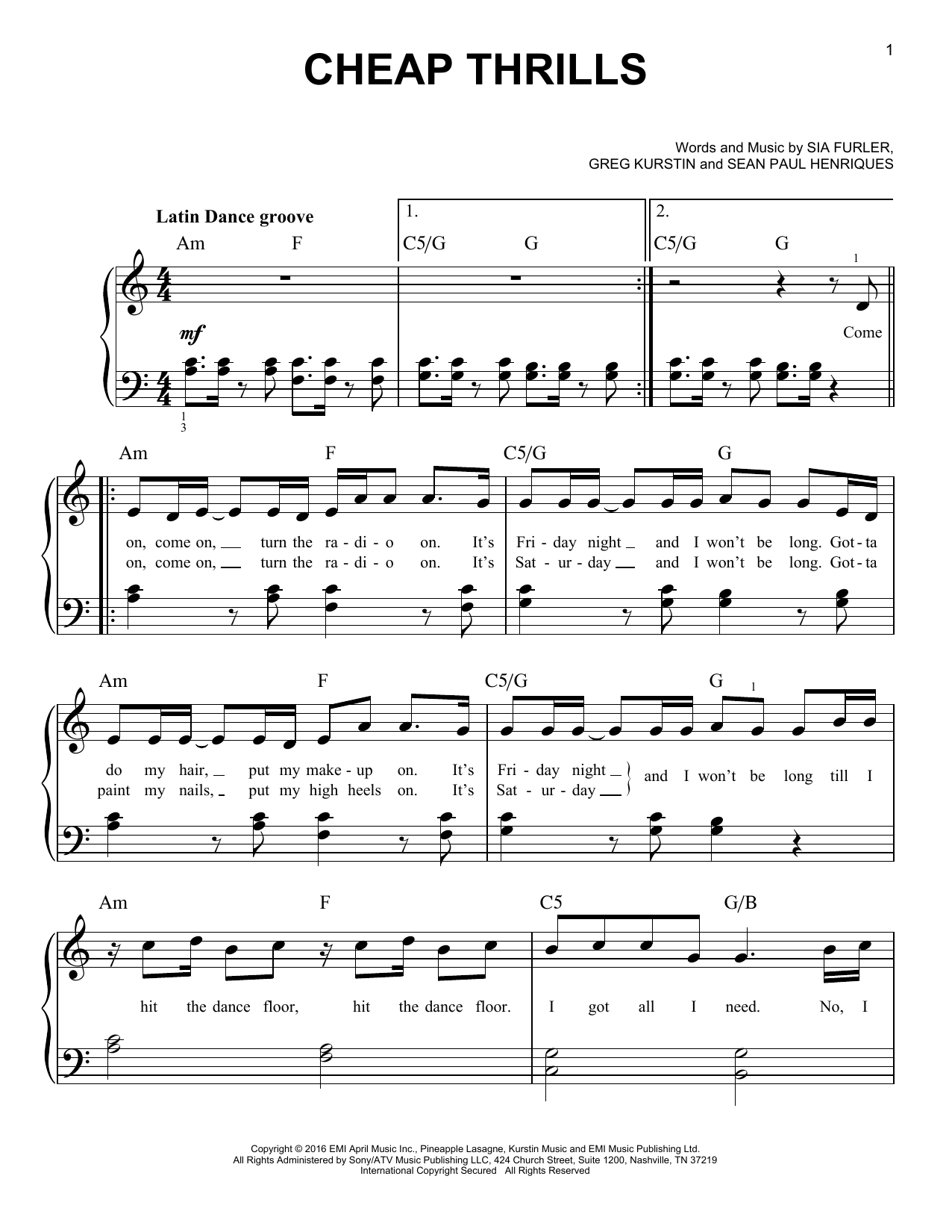 Sia Cheap Thrills (feat. Sean Paul) Sheet Music Notes & Chords for Easy Piano - Download or Print PDF