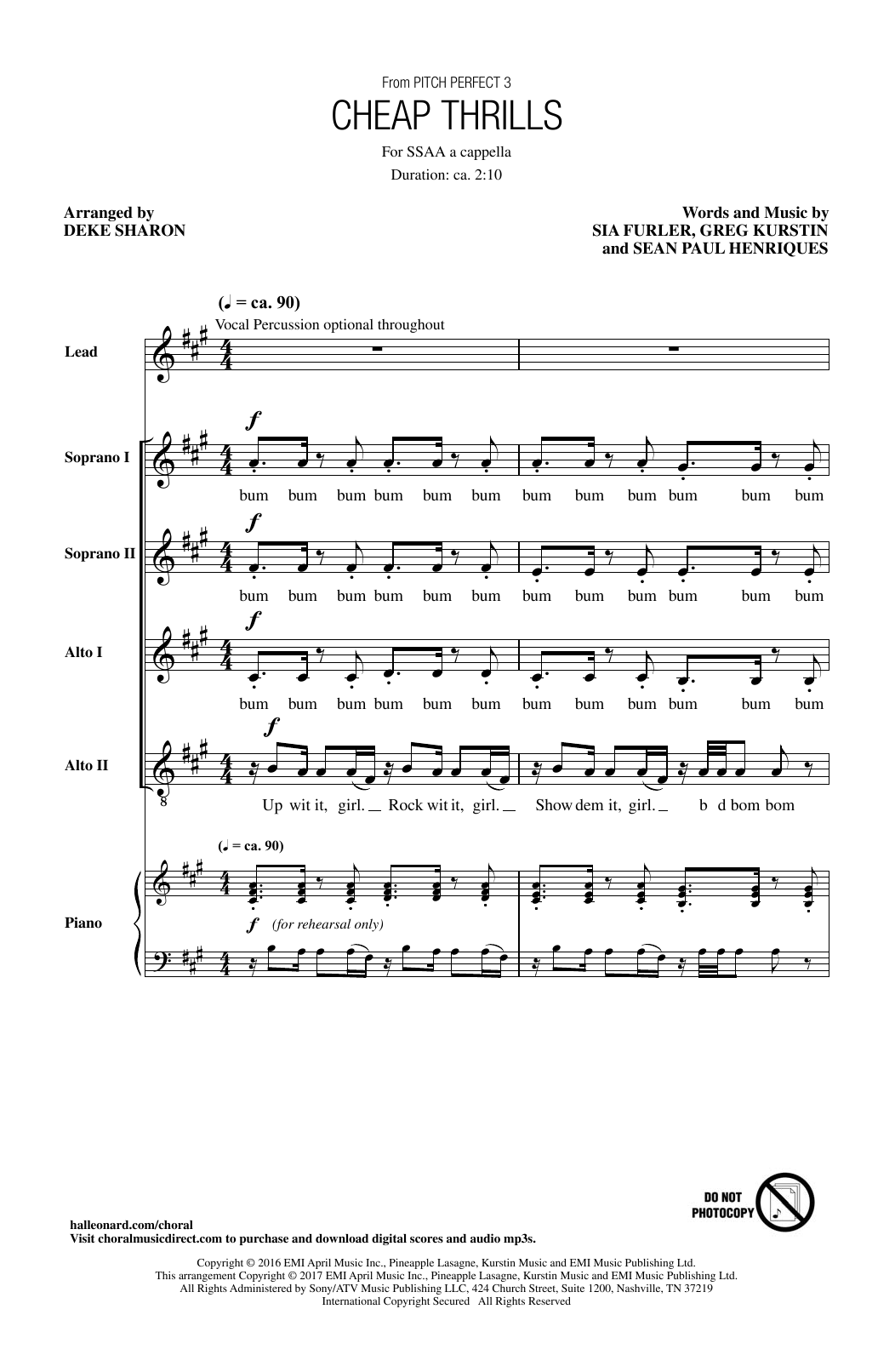 Sia Cheap Thrills (from Pitch Perfect 3) (arr. Deke Sharon) Sheet Music Notes & Chords for SSAA - Download or Print PDF