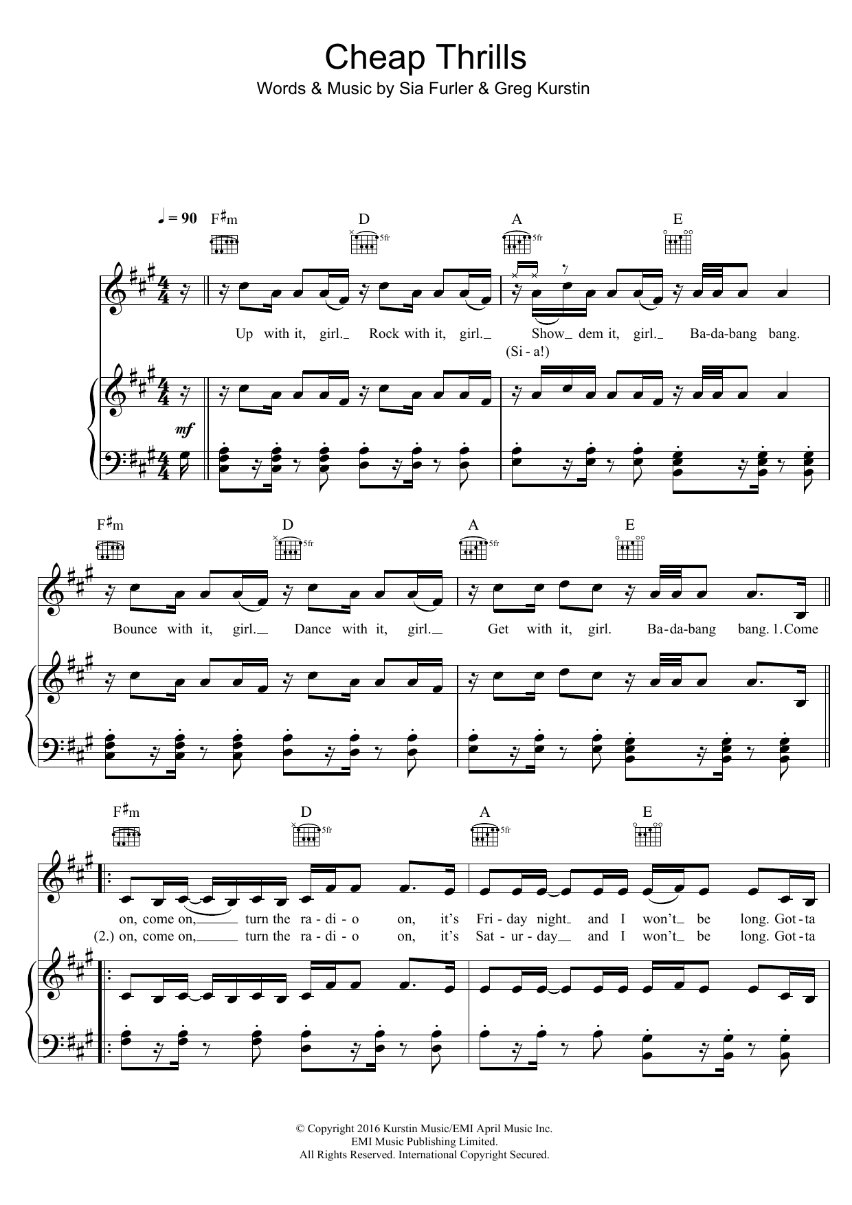 Sia Cheap Thrills Sheet Music Notes & Chords for Piano, Vocal & Guitar (Right-Hand Melody) - Download or Print PDF