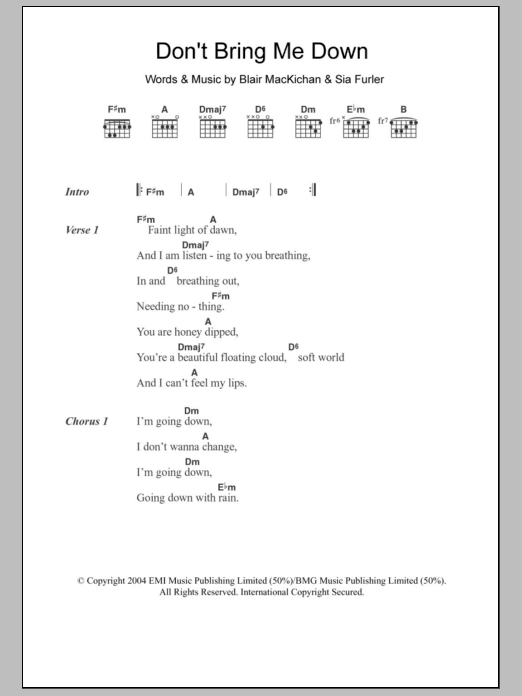 Sia Don't Bring Me Down Sheet Music Notes & Chords for Lyrics & Chords - Download or Print PDF