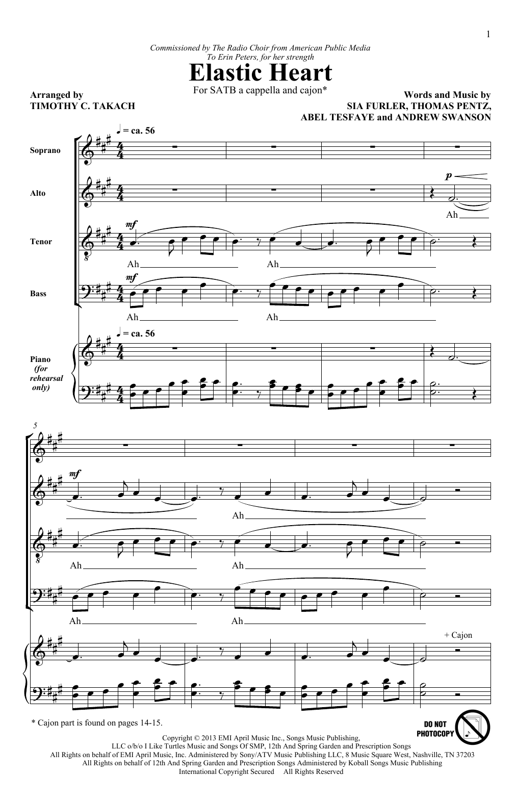 Sia Elastic Heart (feat. The Weeknd and Diplo) (arr. Timothy C. Takach) Sheet Music Notes & Chords for SATB - Download or Print PDF