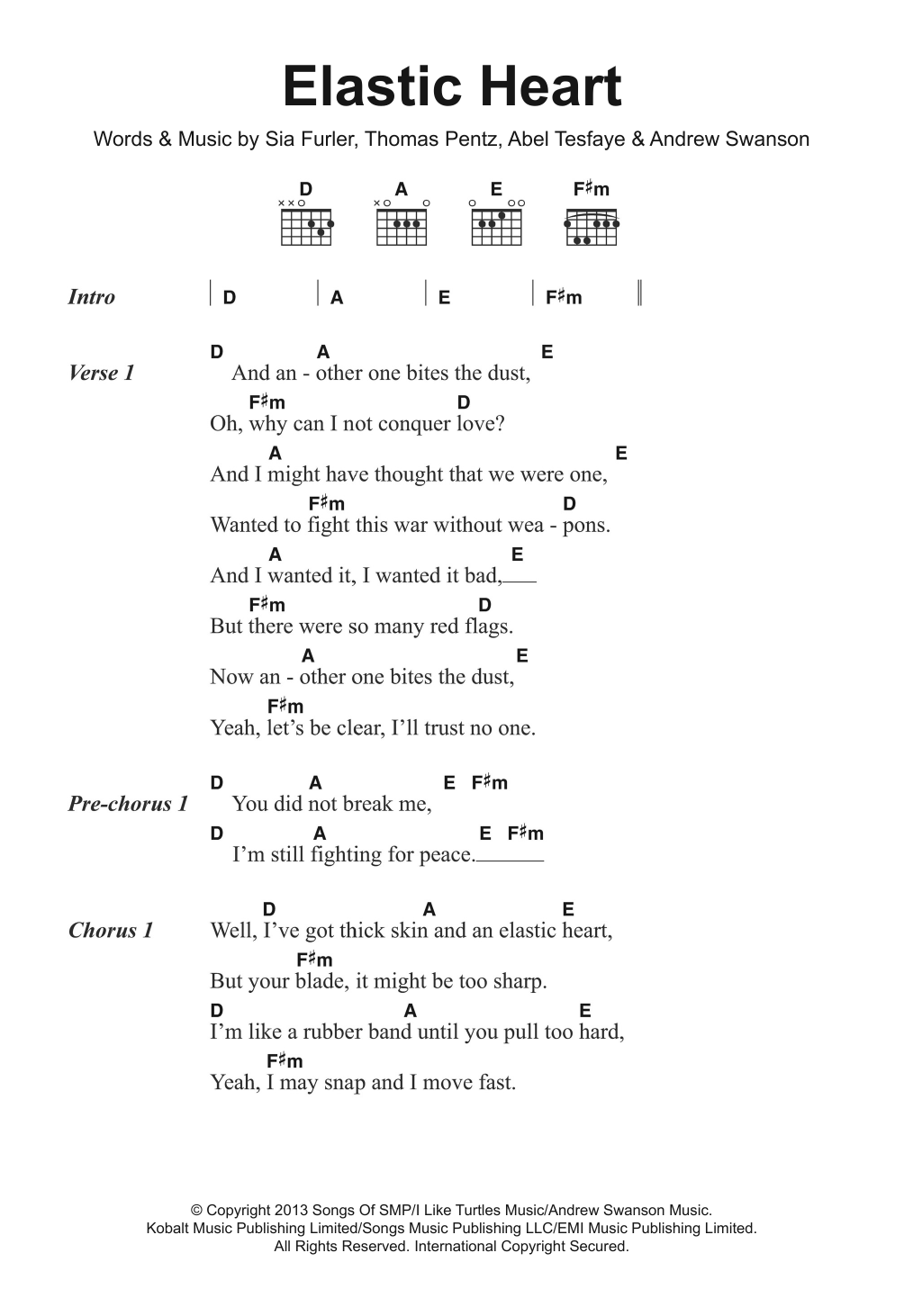 Sia Elastic Heart Sheet Music Notes & Chords for Ukulele Lyrics & Chords - Download or Print PDF