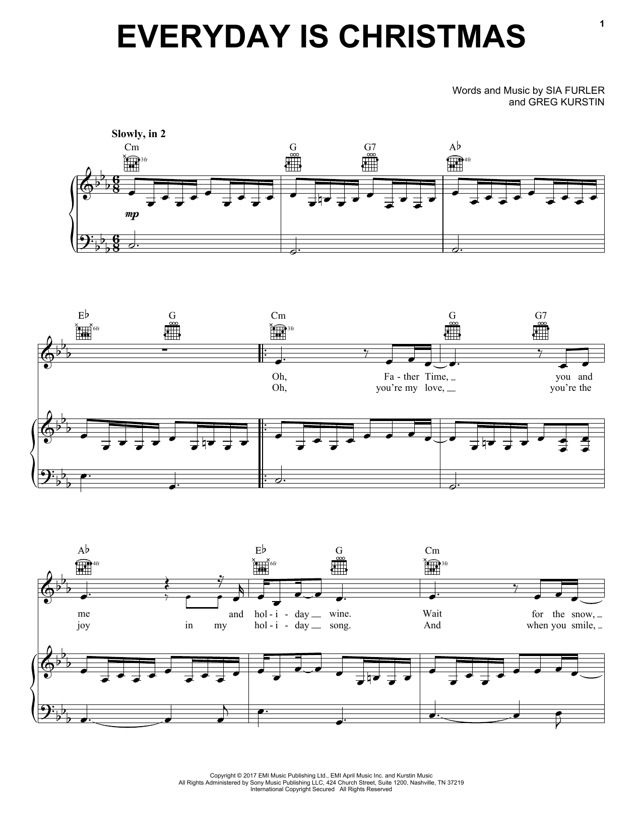Sia Everyday Is Christmas Sheet Music Notes & Chords for Piano, Vocal & Guitar (Right-Hand Melody) - Download or Print PDF