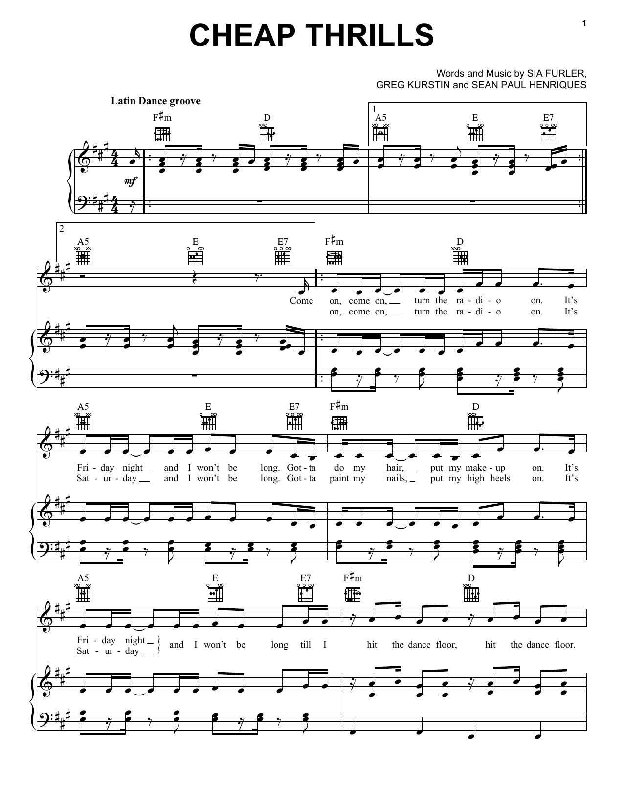 Sia feat. Sean Paul Cheap Thrills Sheet Music Notes & Chords for Piano, Vocal & Guitar (Right-Hand Melody) - Download or Print PDF