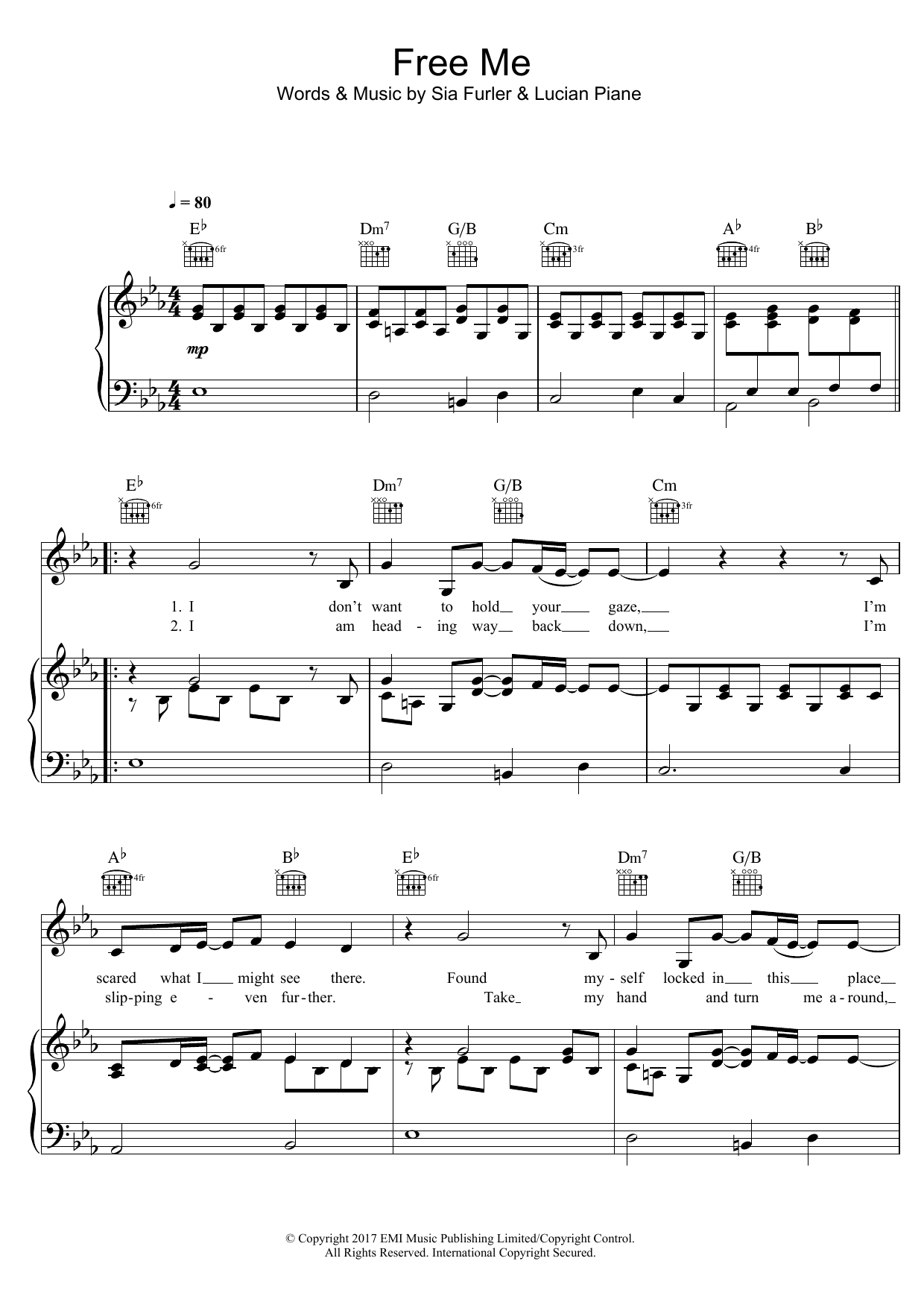 Sia Free Me Sheet Music Notes & Chords for Piano, Vocal & Guitar (Right-Hand Melody) - Download or Print PDF