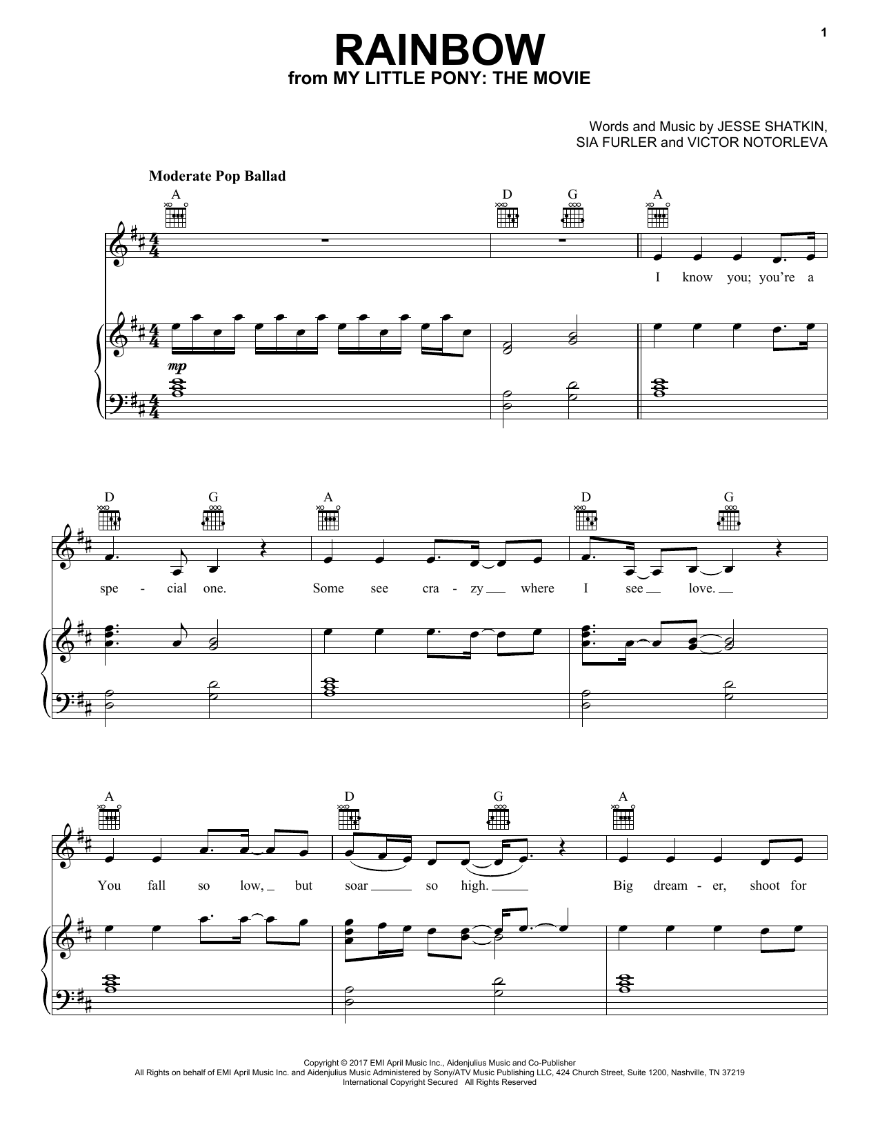 Sia Rainbow Sheet Music Notes & Chords for Piano, Vocal & Guitar (Right-Hand Melody) - Download or Print PDF
