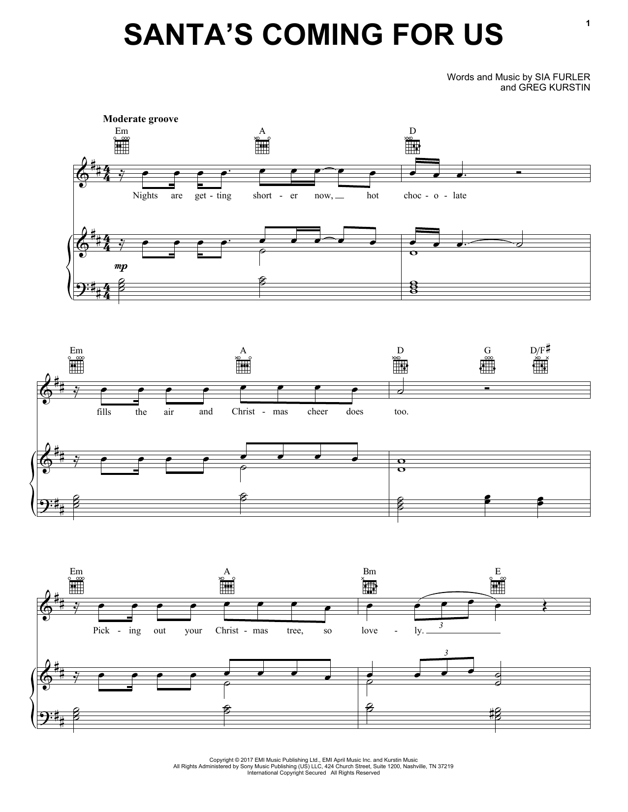 Sia Santa's Coming For Us Sheet Music Notes & Chords for Piano, Vocal & Guitar Chords (Right-Hand Melody) - Download or Print PDF